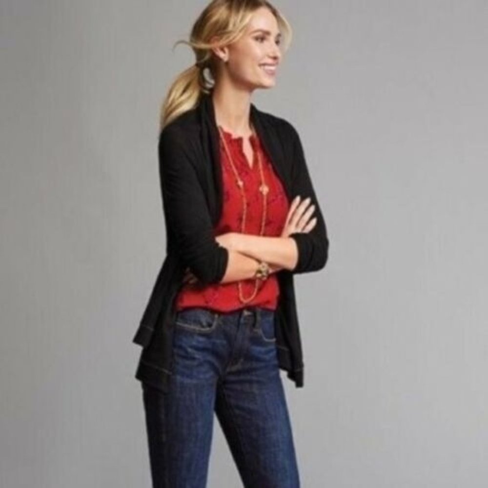 *CAbi #3355 Black Winsome Double Layer Open Cardigan Sweater Womens Med Long Slv